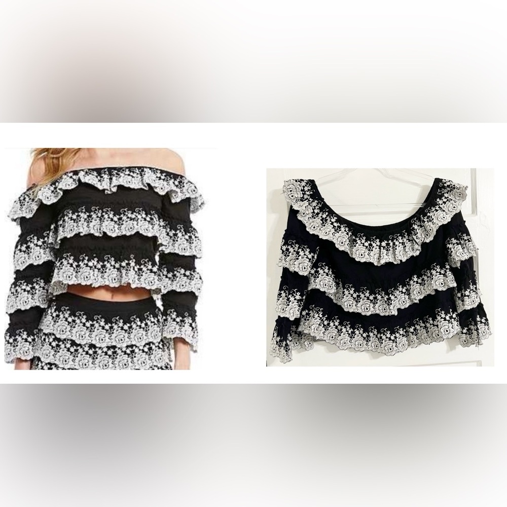Giani Bernini Black and White Ruffled Crop Blouse Embroidered Cotton Floral L
